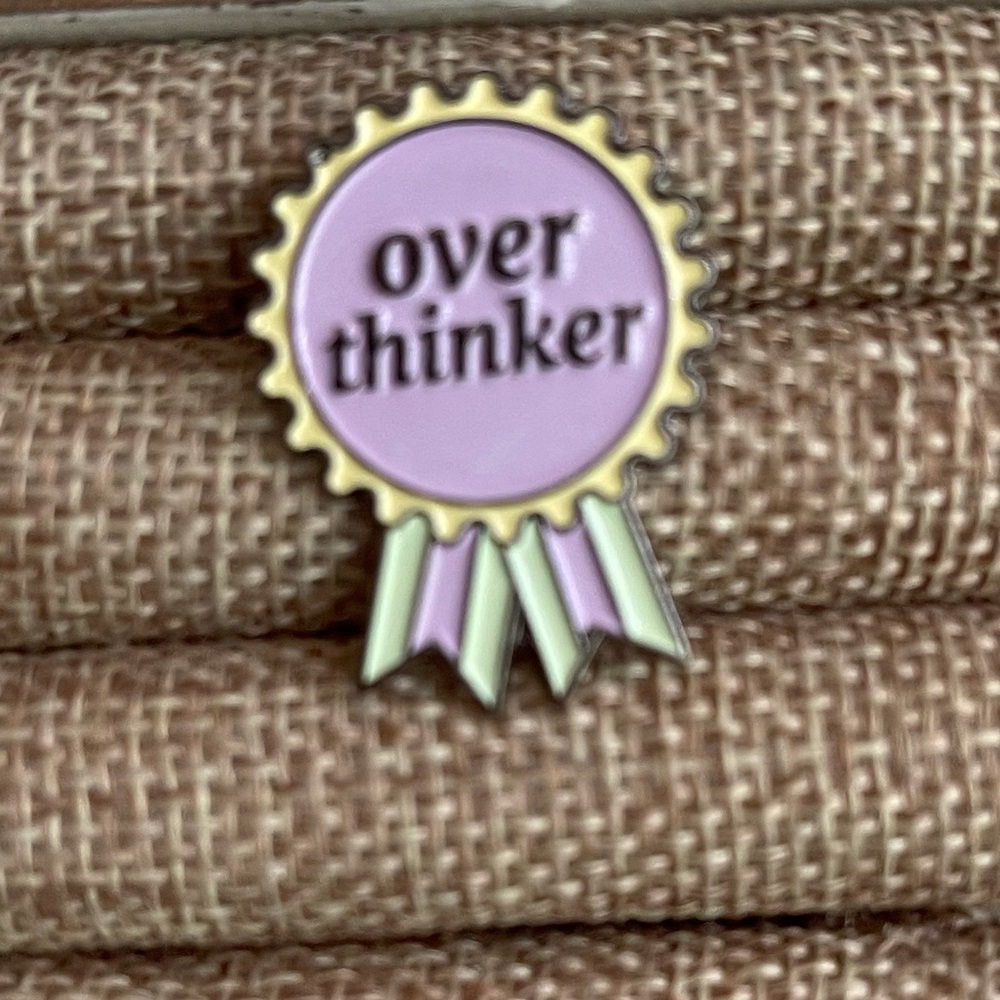 “Overthinker" Ribbon Enamel Label, Pin Purple, Green Mental Health Brooch